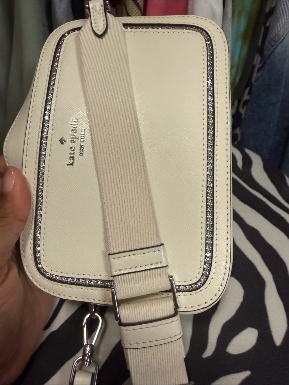 kate spade Cream Saffiano Leather Crossbody with Silver Glitter Trim